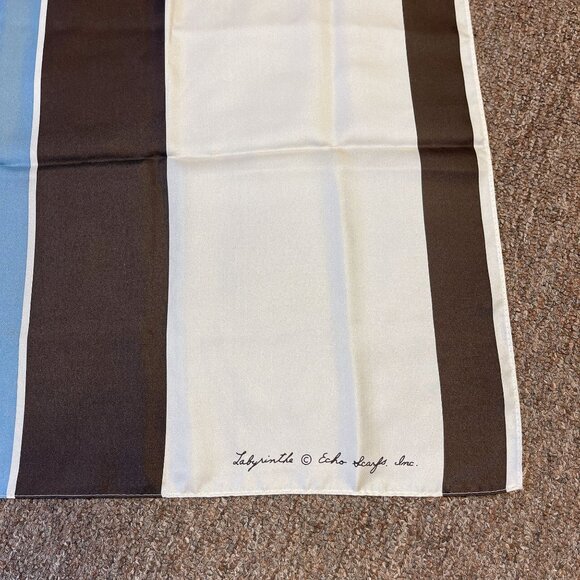 Echo Labyrinthe Geometric Print Blue Brown Silk Scarf - Picture 3 of 7